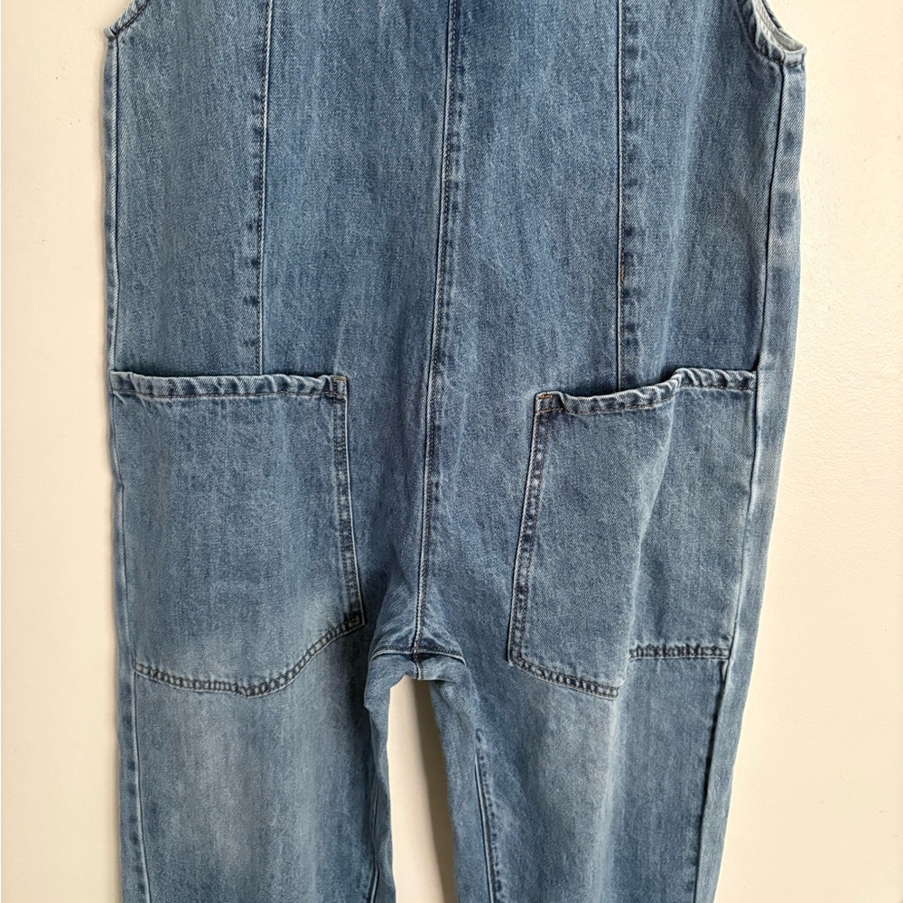 Zenana “High Roller” Denim Overalls Jumpsuit Blue Straight Leg Womens M/L NWT BD - Picture 2 of 8